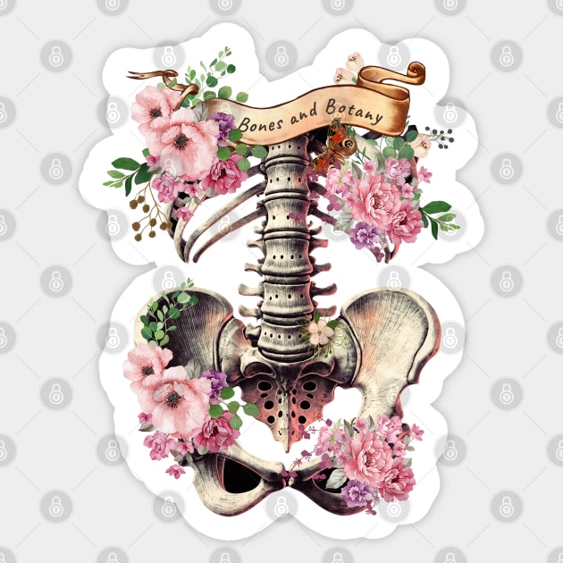 Bones and botany, ribcage full of pink flowers, roses and leaves, Anatomy Art,, thoracicy, black and white, leaves anatomy Ribcage, rib cage, anatomy skeleton Sticker by Collagedream